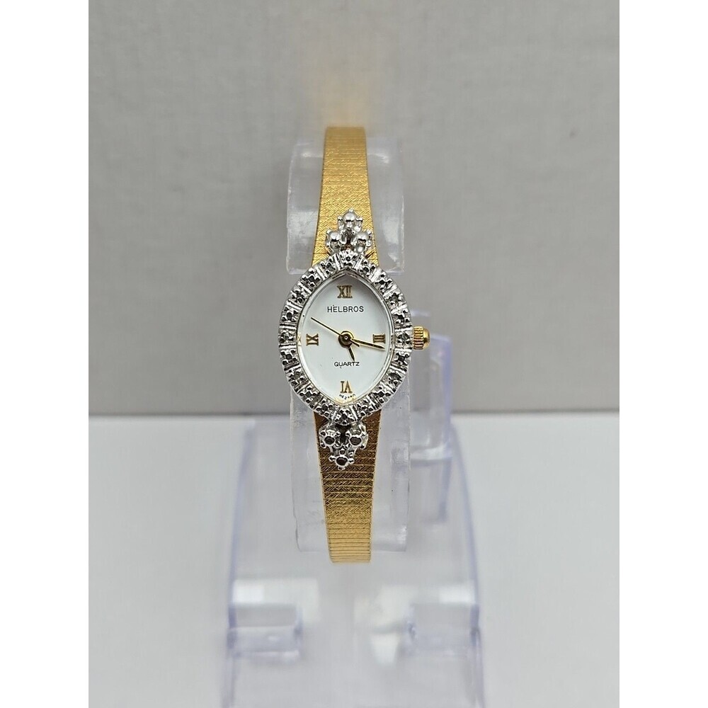 Vintage Helbros HE2380 Womens Dress Watch New Battery Diamond Accent Gold Tone